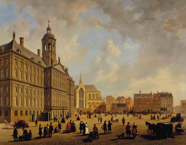 Main Product Photo of A bustling day in front of the City hall on the Dam Square, the Nieuwe Kerk in the distance, Amsterdam Painting by Bartholomeus Johannes Van Hove