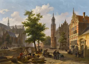 A Busy Market Place in a Dutch Town by Bartholomeus Johannes Van Hove Oil Painting