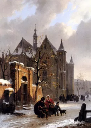 A Capricio View With Figures Leaving A Church In Winter painting by Bartholomeus Johannes Van Hove
