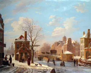 A Dutch Town Scene in Winter by Bartholomeus Johannes Van Hove Oil Painting