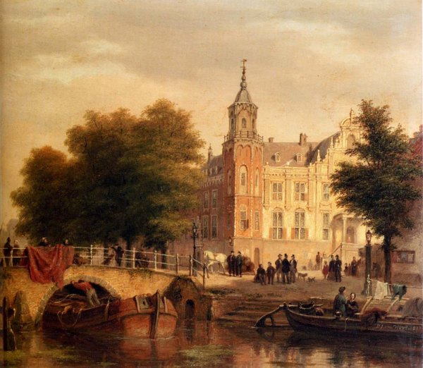 Main Product Photo of A Sunlit Townview with Figures Gathered On A Square Along A Canal Painting by Bartholomeus Johannes Van Hove