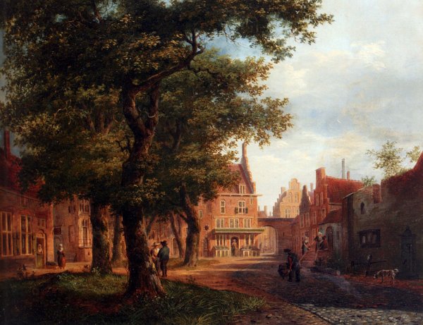 Main Product Photo of A Village Square With Villagers Conversing Under Trees Painting by Bartholomeus Johannes Van Hove