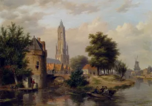 View of a Riverside Dutch Town by Bartholomeus Johannes Van Hove - Oil Painting Reproduction