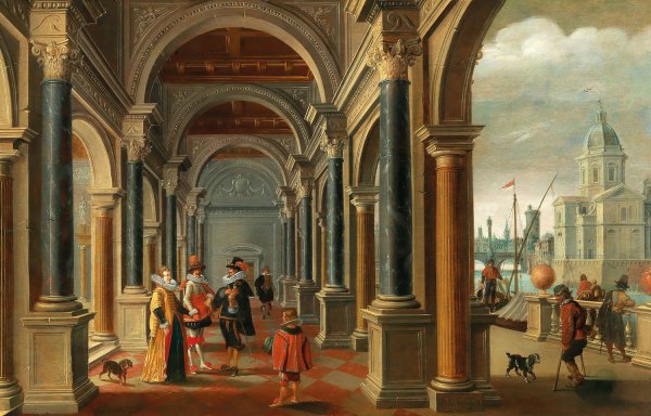 Main Product Photo of A classical arcade with elegant figures, a city view to the right Painting by Bartholomeus Van Bassen