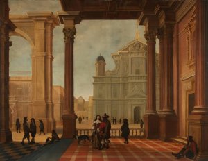 An architectural capriccio with elegant figures and a church beyond by Bartholomeus Van Bassen Oil Painting
