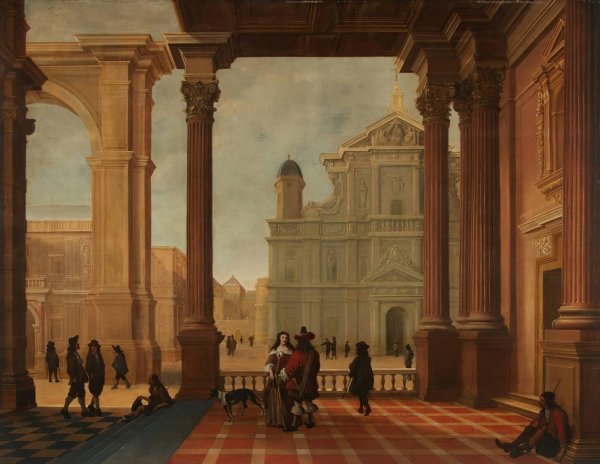Main Product Photo of An architectural capriccio with elegant figures and a church beyond Painting by Bartholomeus Van Bassen