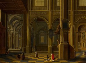 An interior of a Gothic cathedral with figures by Bartholomeus Van Bassen Oil Painting
