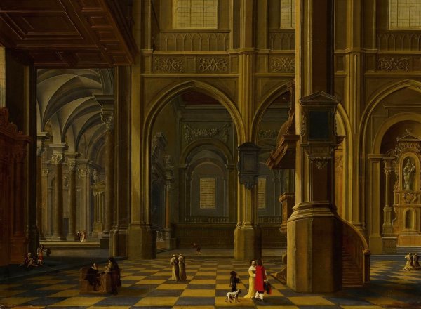 Main Product Photo of An interior of a Gothic cathedral with figures  Painting by Bartholomeus Van Bassen