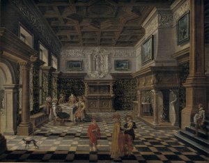 Sumptuous renaissance interior with a banquet by Bartholomeus Van Bassen Oil Painting