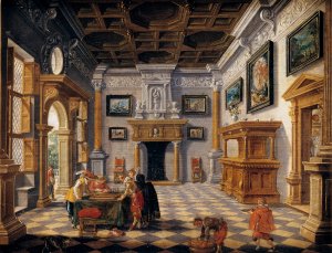 Sumptuous Renaissance Interior with Tric-Trac Players by Bartholomeus Van Bassen Oil Painting