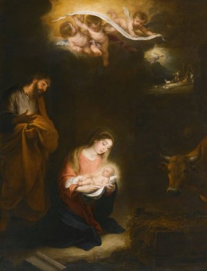 A Nocturnal Scene With The Nativity And The Annunciation To The Shepherds Beyond by Bartolome Esteban Murillo Oil Painting