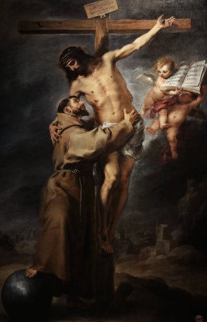 Saint Francis of Assisi embracing the crucified Christ by Bartolome Esteban Murillo Oil Painting