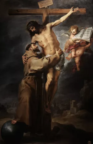 Saint Francis of Assisi embracing the crucified Christ by Bartolome Esteban Murillo Oil Painting