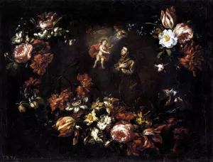 Garland of Flowers with St Anthony of Padua by Bartolome Perez - Oil Painting Reproduction