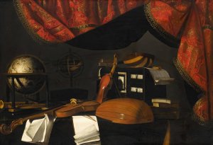 A still life with musical instruments and a globe on a table, a curtain behind by Bartolomeo Bettera Oil Painting