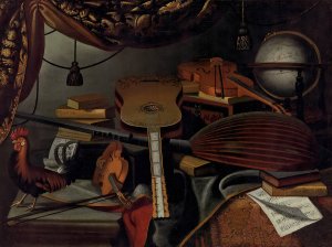 Musical instruments, books, music scores, a globe and a rooster on a table draped with a carpet Oil painting by Bartolomeo Bettera