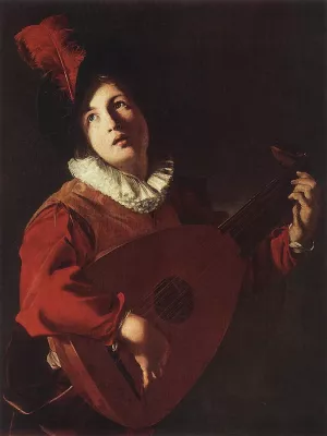 Lute Playing Young Man by Bartolomeo Manfredi Oil Painting