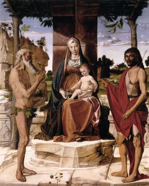 Madonna and Child under a Pergola with St John the Baptist and St Onofrius by Bartolomeo Montagna - Oil Painting Reproduction