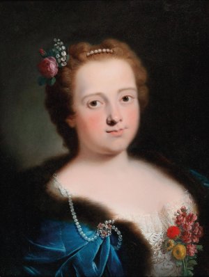 Portrait Of A Lady, Bust- Length, In A White Embroidered Dress And Blue, Fur-Lined Cape by Bartolomeo Nazari Oil Painting