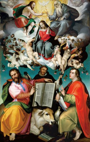 The Coronation of the Virgin with Saints Luke, Dominic, and John the Evangelist by Bartolomeo Passarotti Oil Painting