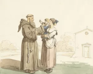 Jonge vrouw met kind staande voor een monnik by Bartolomeo Pinelli Oil Painting