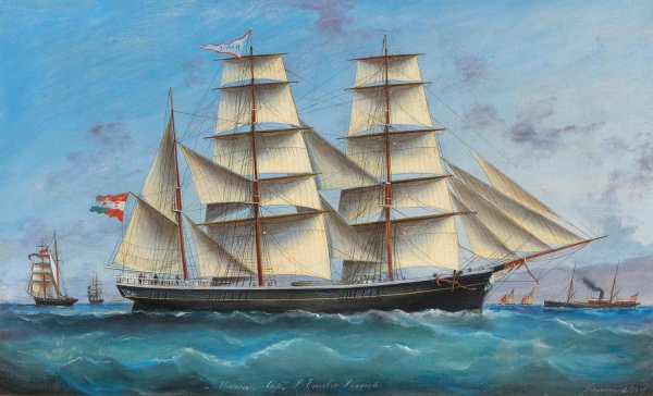 Main Product Photo of The barque MARIA of Captain Emilio Persich sailing under all sails and the Austro-Hungarian merchant flag off the home coast  Painting by Basilio Ivankovic