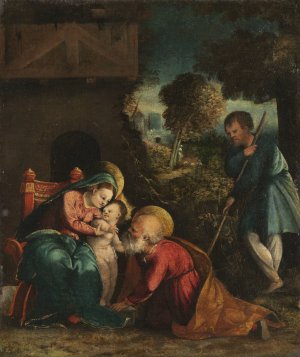 Holy Family with a Shepherd by Battista Dossi Oil Painting