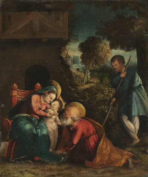 Holy Family with a Shepherd  by Battista Dossi - Hand-Painted Oil Painting Reproduction
