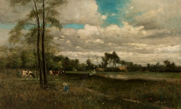 Meadow with grazing cattle  by Bela Spanyi - Hand-Painted Oil Painting Reproduction