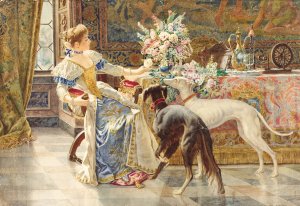 Seated Lady with Greyhounds by Belisario Gioja Oil Painting