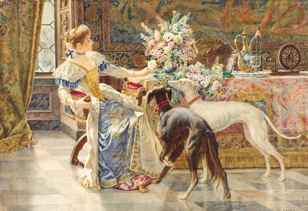 Seated Lady with Greyhounds by Belisario Gioja - Hand-Painted Oil Painting Reproduction