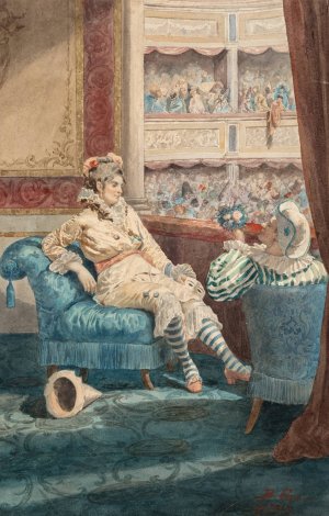 Two figures dressed for Carnival at a theatre by Belisario Gioja Oil Painting