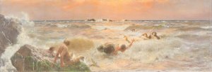 Mermaids frolicking in the sea at sunset by Benes Knupfer Oil Painting