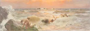 Mermaids frolicking in the sea at sunset by Benes Knupfer Oil Painting