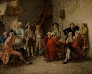 Traveling minstrels entertaining at an inn by Benjamin-Eugene Fichel Oil Painting