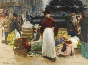 Flower Girls, Piccadilly Circus by Benjamin Evans Ward Oil Painting