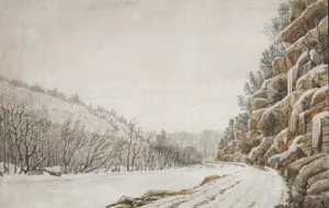 View on the New Turnpike Road, on the Margin of the Juniata, with a Distant View of the Warrior Mountain by Benjamin Henry Latrobe - Oil Painting Reproduction