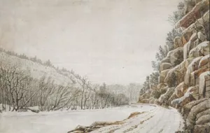View on the New Turnpike Road, on the Margin of the Juniata, with a Distant View of the Warrior Mountain Oil painting by Benjamin Henry Latrobe