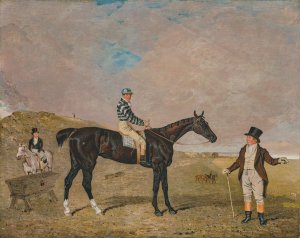 Bravura, an iron-grey filly, with James Robinson up, with her owner Sir Robert Keith Dick, Bt., her trainer mounted on a grey pony to the left, on Newmarket Heath by Benjamin Marshall Oil Painting