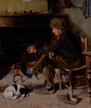 Man with his Dog before a Hearth by Benjamin West Clinedinst Oil Painting