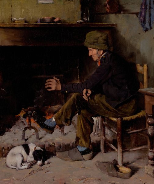 Main Product Photo of Man with his Dog before a Hearth  Painting by Benjamin West Clinedinst