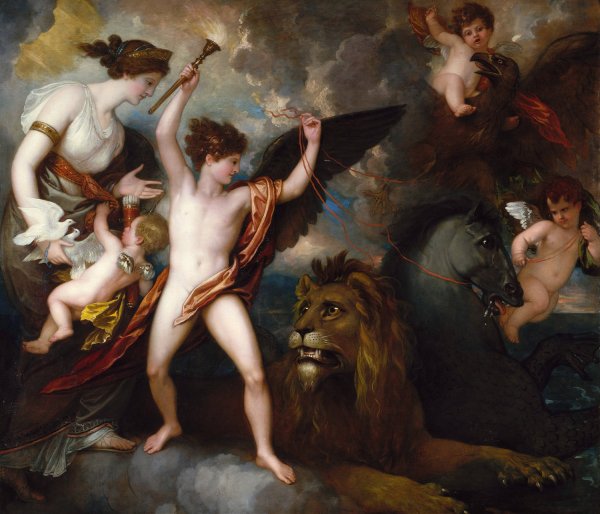 Main Product Photo of Omnia Vincit Amor, Or The Power of Love in The Three Elements  Painting by Benjamin West