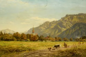 A Fine Autumn Day at Interlaken painting by Benjamin Williams Leader