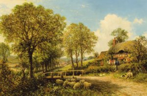 Spring Cottage with Shepherd and Flock by Benjamin Williams Leader Oil Painting