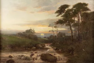 Stream by the pine forest at sunset Oil painting by Benjamin Williams Leader