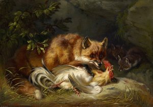 Fox Attacking a Cock by Benno Raffael Adam Oil Painting
