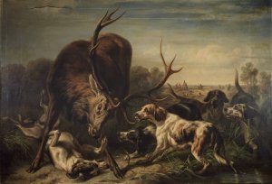 Hirsch, von Hunden gestellt by Benno Raffael Adam Oil Painting