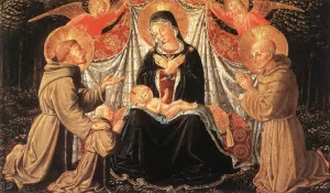 Madonna and Child with Sts Francis and Bernardine, and Fra Jacopo by Benozzo Di Lese Di Sandro Gozzoli - Oil Painting Reproduction