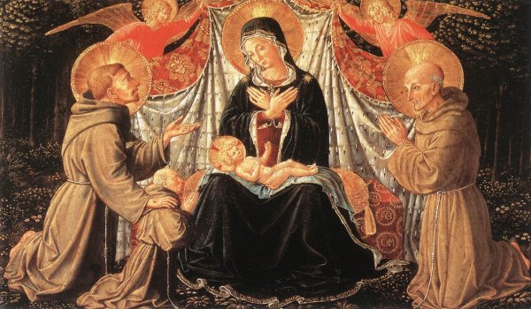 Main Product Photo of Madonna and Child with Sts Francis and Bernardine, and Fra Jacopo Painting by Benozzo Di Lese Di Sandro Gozzoli