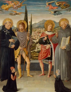 Saints Nicholas of Tolentino, Roch, Sebastian, and Bernardino of Siena, with Kneeling Donors by Benozzo Gozzoli Oil Painting